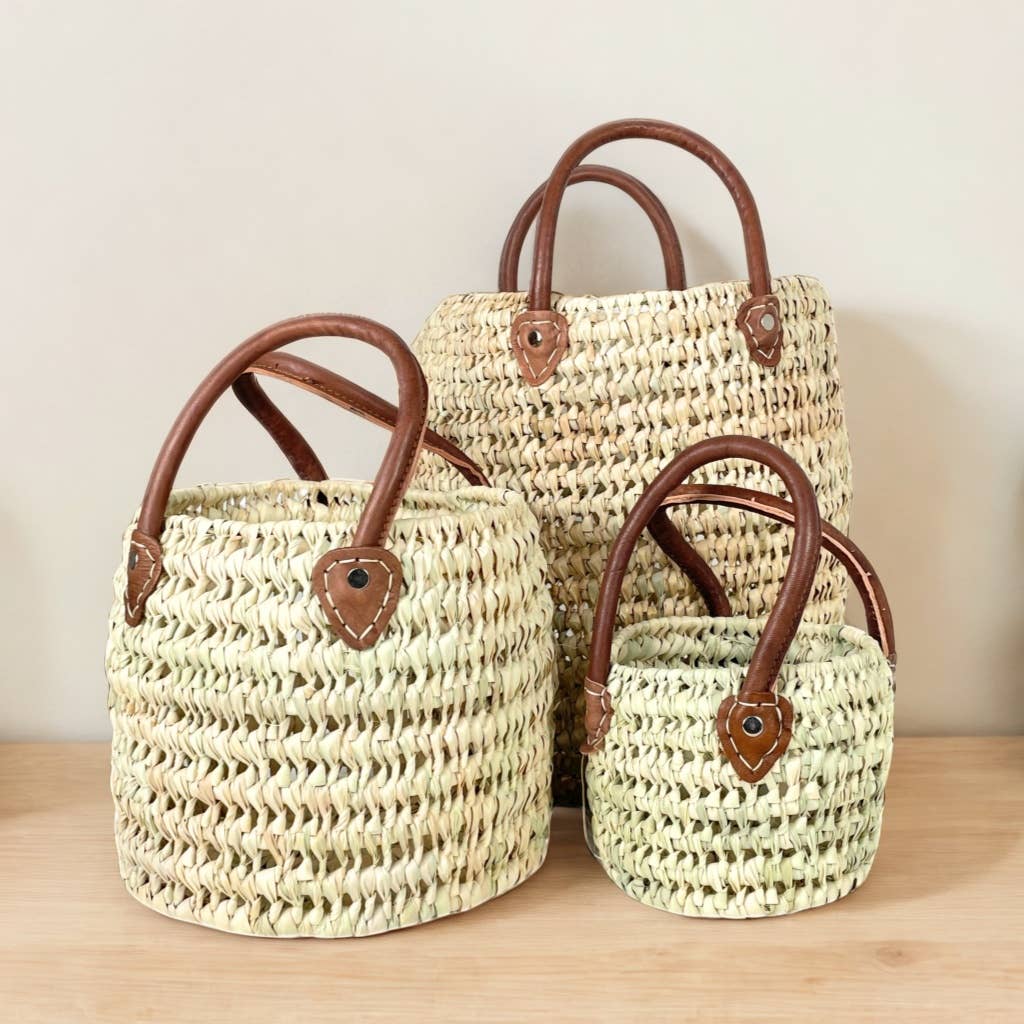 Round Wicker Basket with Leather Handles, Storage Basket