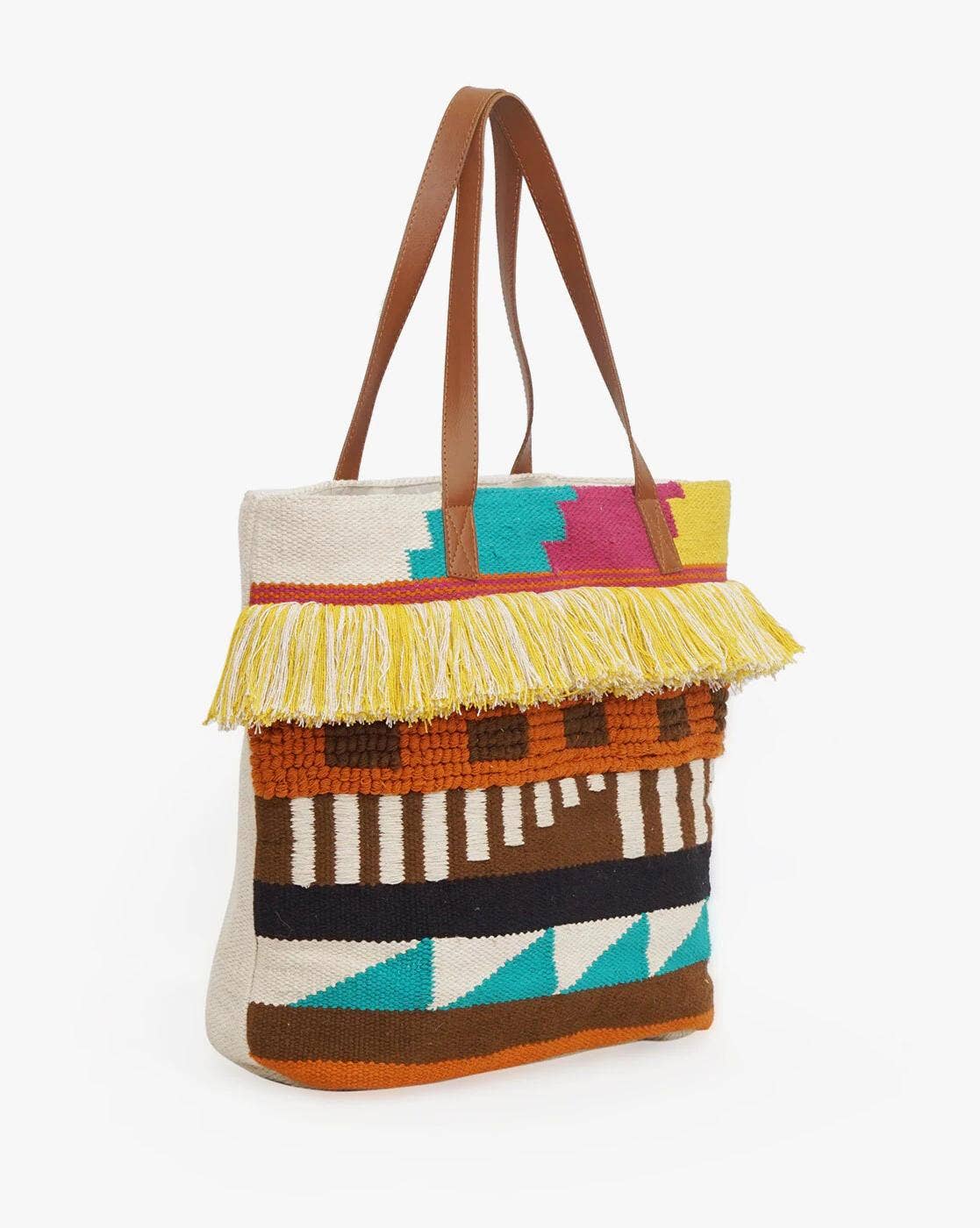 Pitloom Weave Handcrafted Ekat Tote Bag with Fringes
