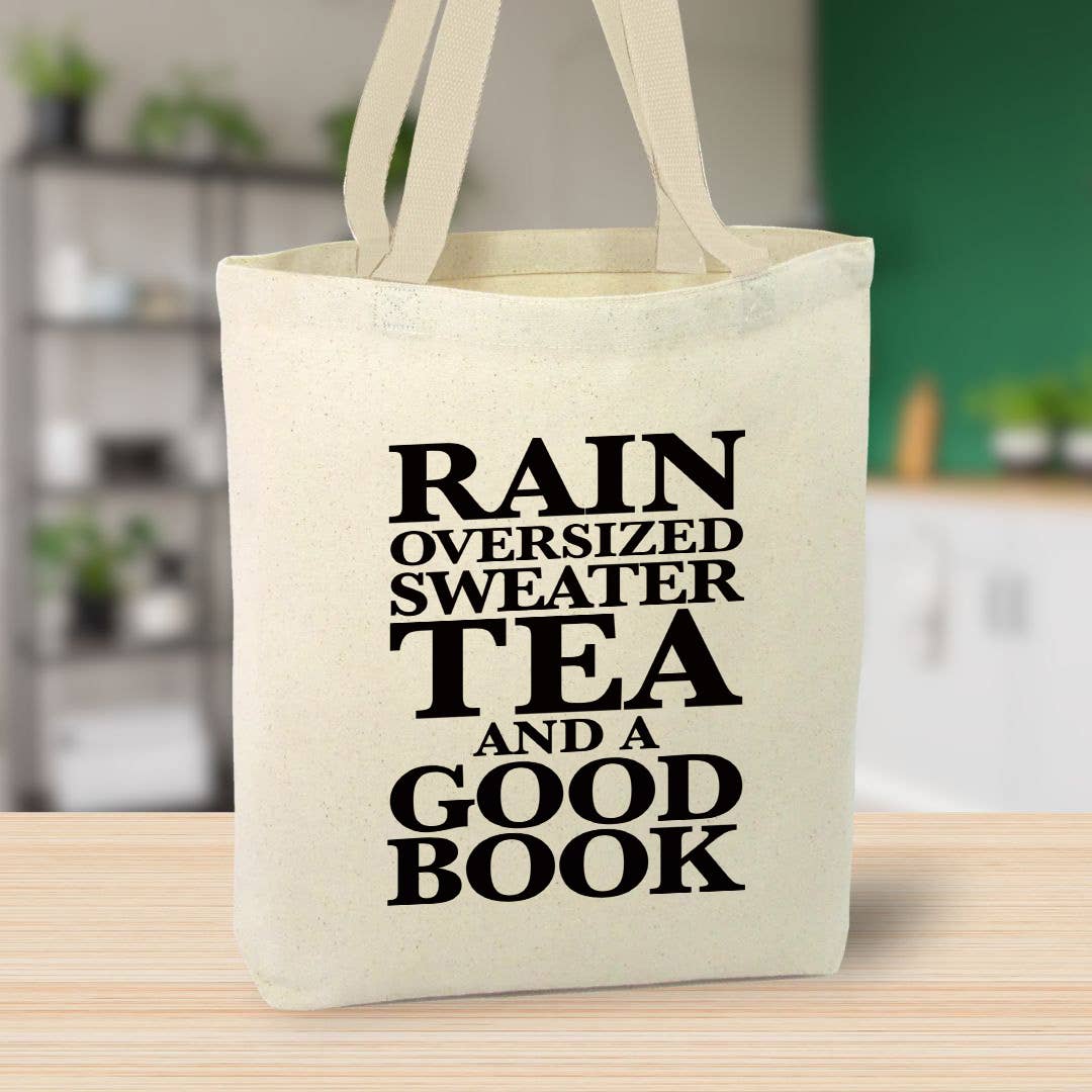 Book Lover Tote Bag, Rain, Tea, Sweater Bag