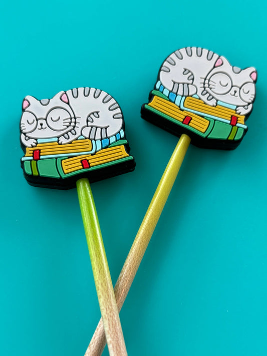 Knitting Needle Point Protectors Cat on Green Books Glasses