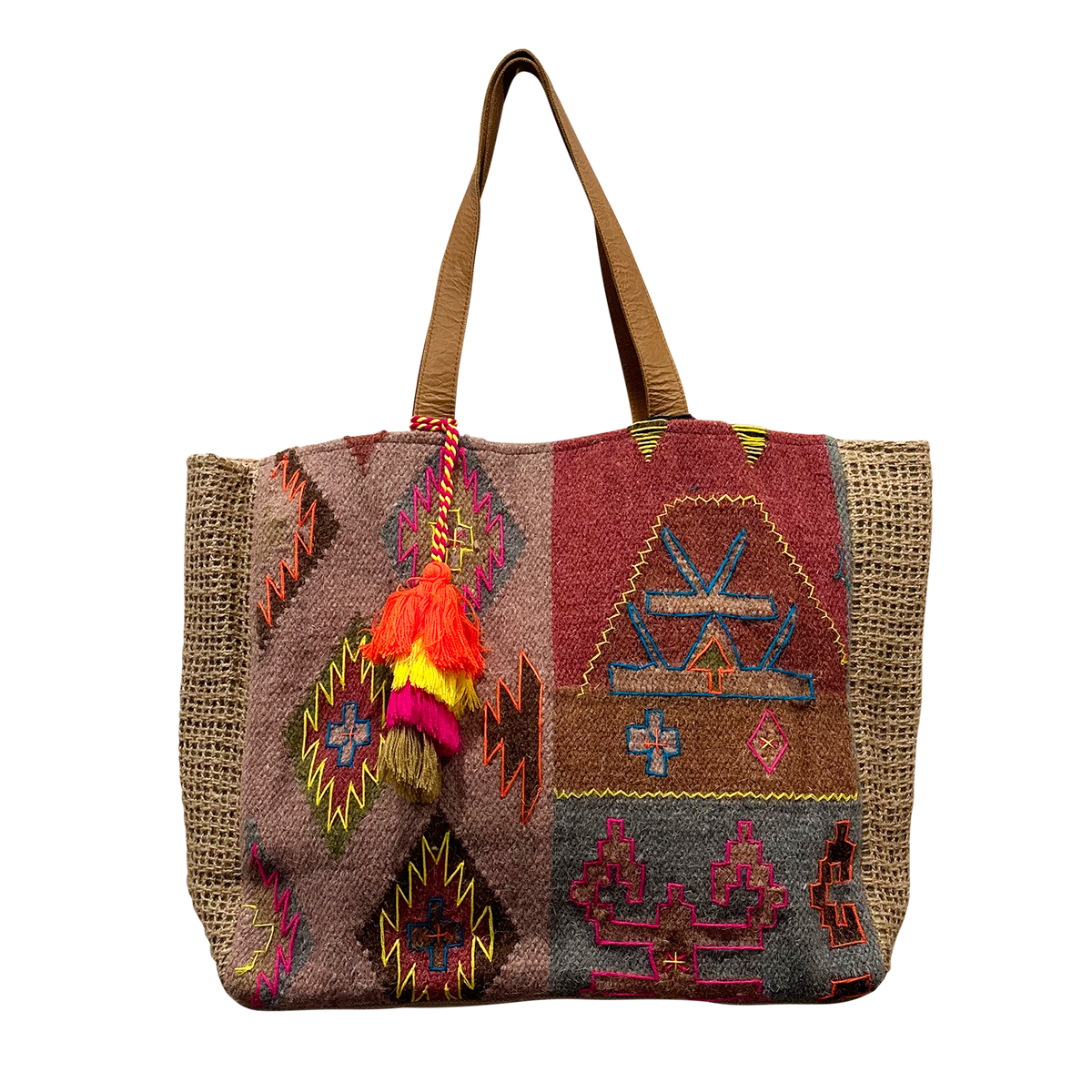 Aztec Cotton, Wool & Jute Tapestry Print Tote Bag