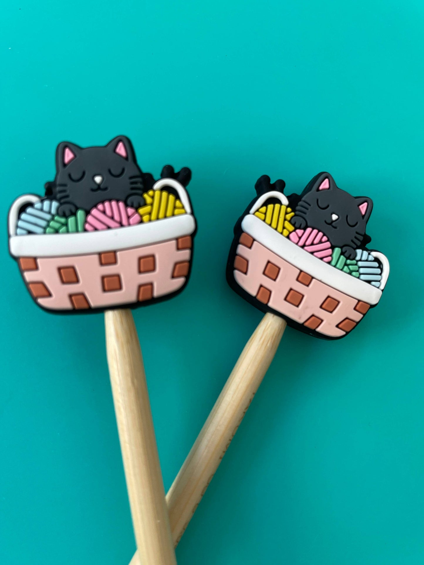 Black Cat in Yarn Basket -Knitting Needle Point Protectors
