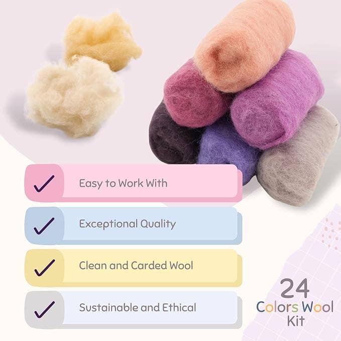 Merino Wool Mix Kit – DIY Needle Felting Craft Set, 24 Color