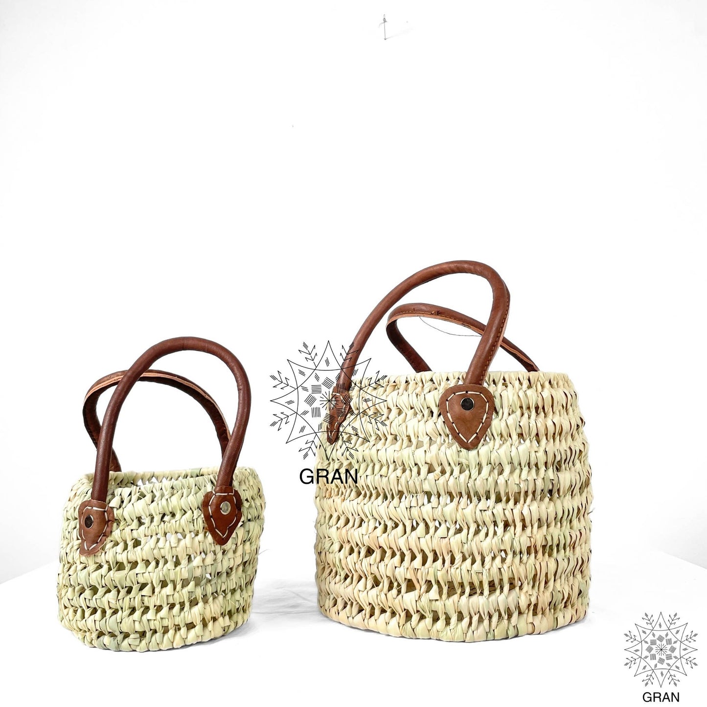 Round Wicker Basket with Leather Handles, Storage Basket