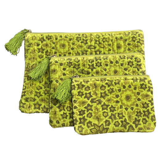 Spring Green Block Print and Quilted Floral Pouches
