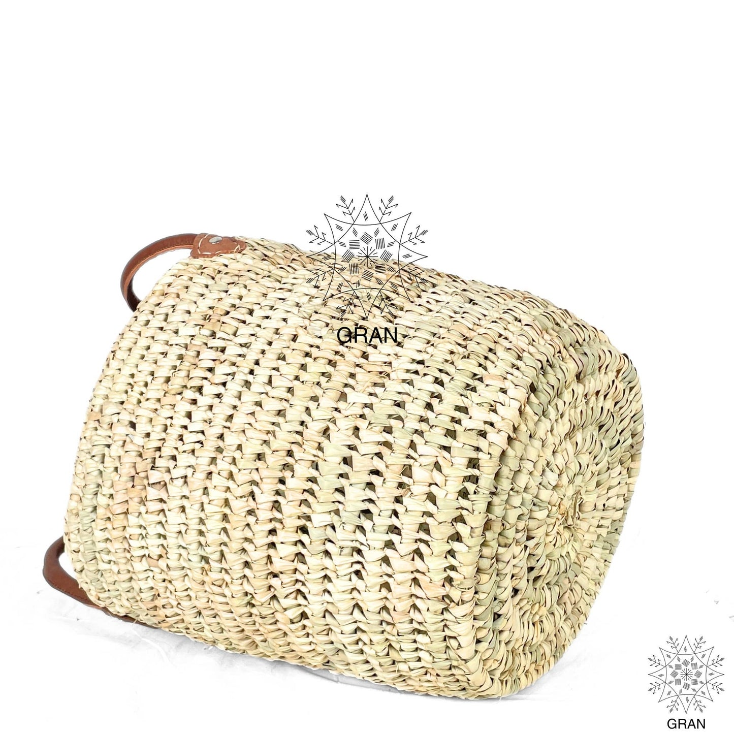 Round Wicker Basket with Leather Handles, Storage Basket