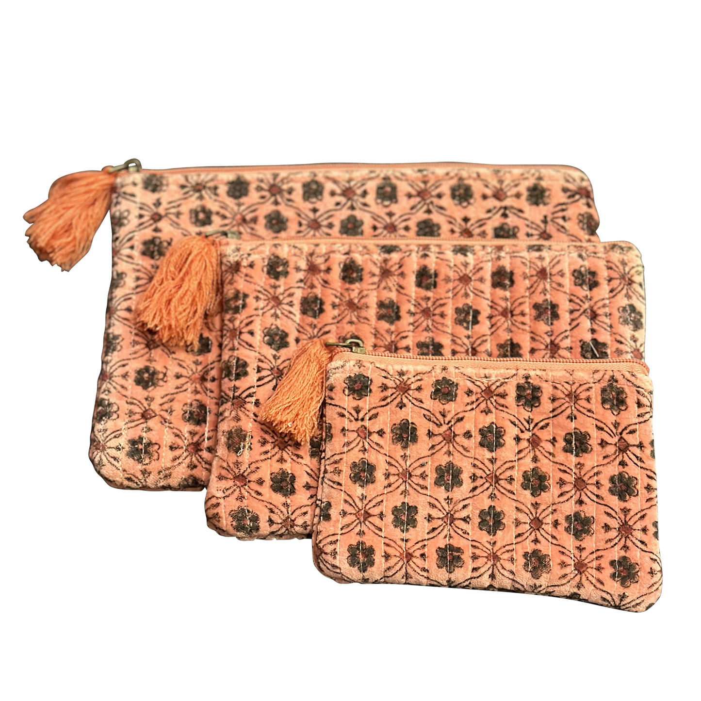 Coral Block-Printed Quilted Floral Pouches (3 sizes)
