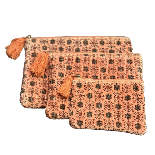 Coral Block-Printed Quilted Floral Pouches (3 sizes)