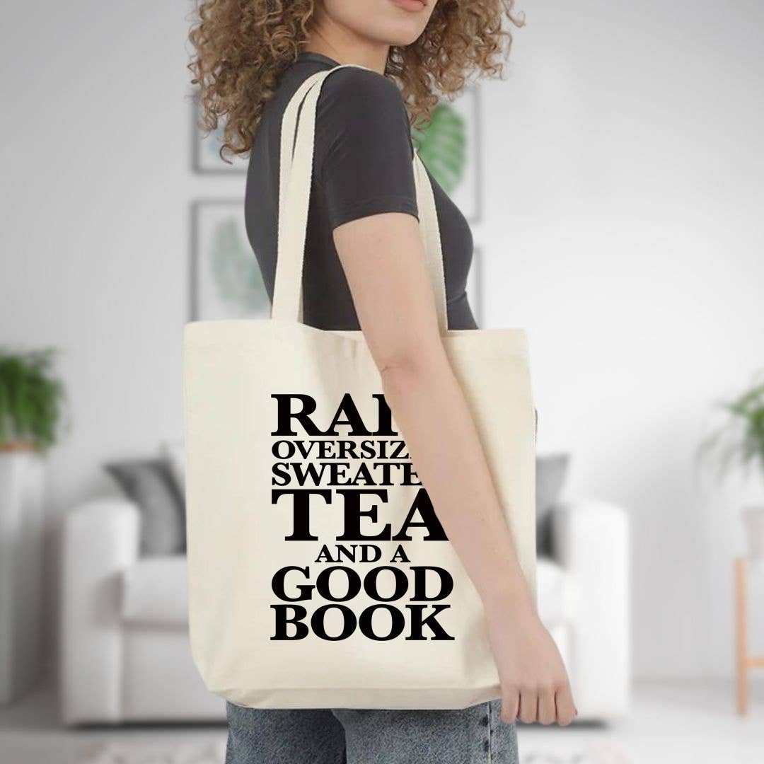 Book Lover Tote Bag, Rain, Tea, Sweater Bag
