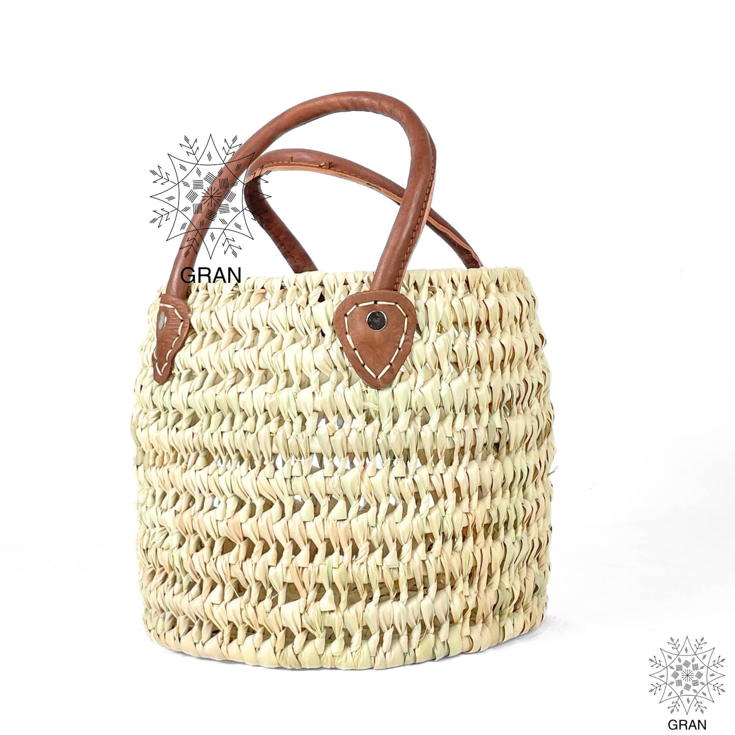 Round Wicker Basket with Leather Handles, Storage Basket