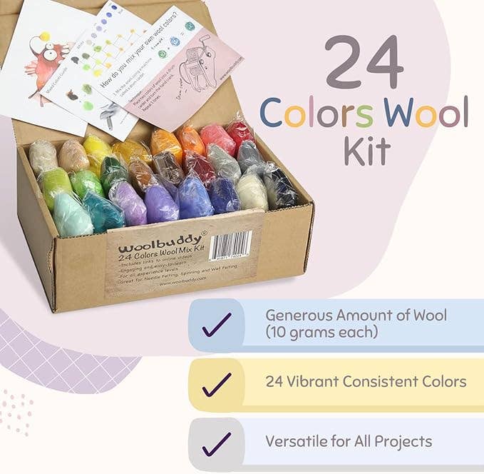 Merino Wool Mix Kit – DIY Needle Felting Craft Set, 24 Color