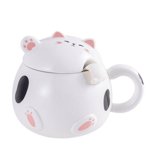 Whimsy Cat Mug With Lid and Spoon White