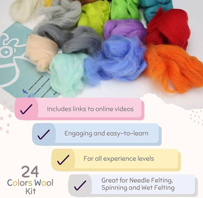 Merino Wool Mix Kit – DIY Needle Felting Craft Set, 24 Color