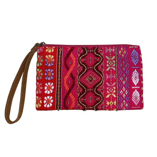 Dark Pink Patterned Durable Unisex Beaded Purse Wristlet