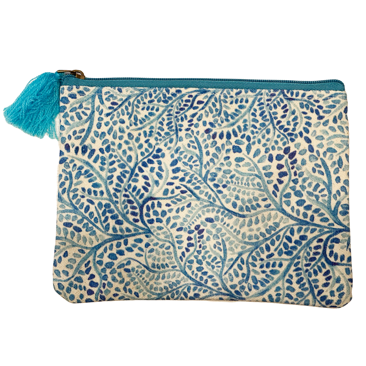 Blue Branches Leaves Indigo Cotton Pouch Bag