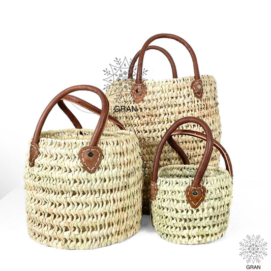 Round Wicker Basket with Leather Handles, Storage Basket