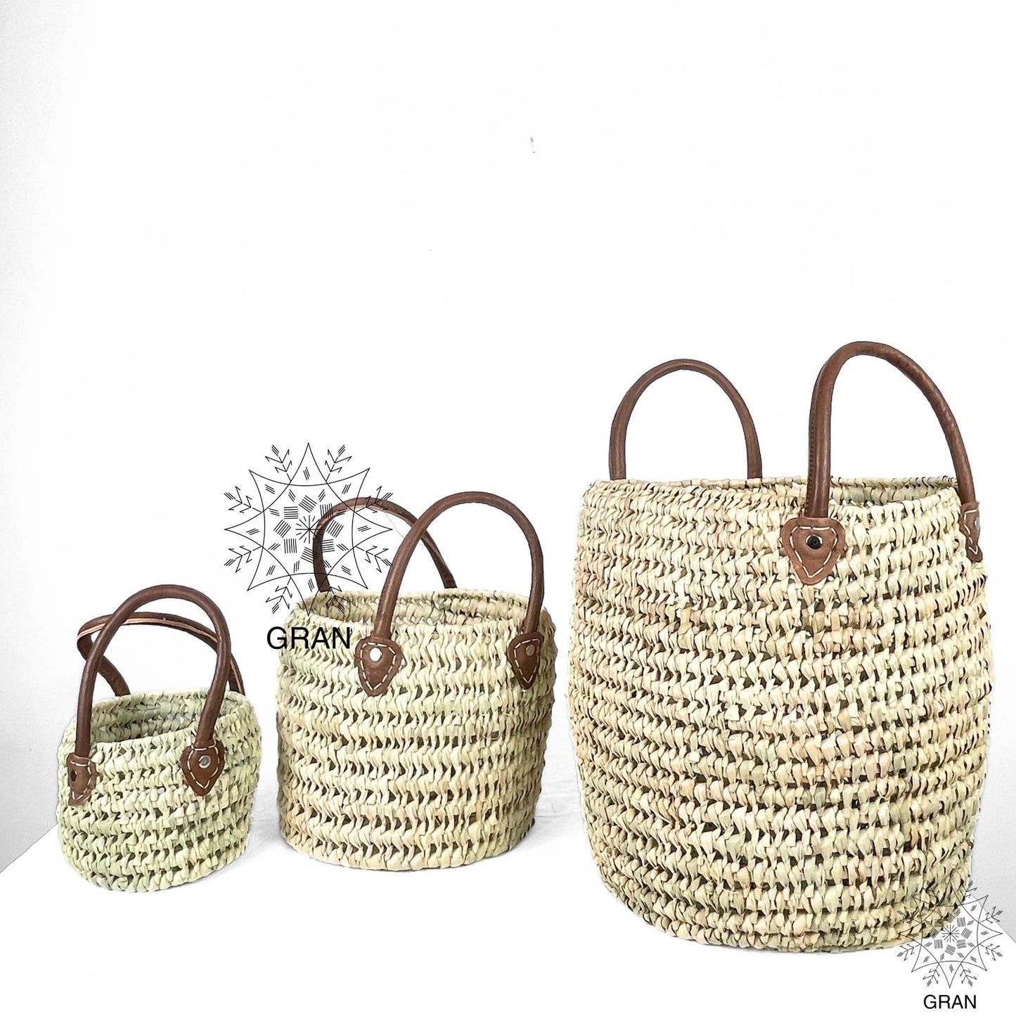 Round Wicker Basket with Leather Handles, Storage Basket