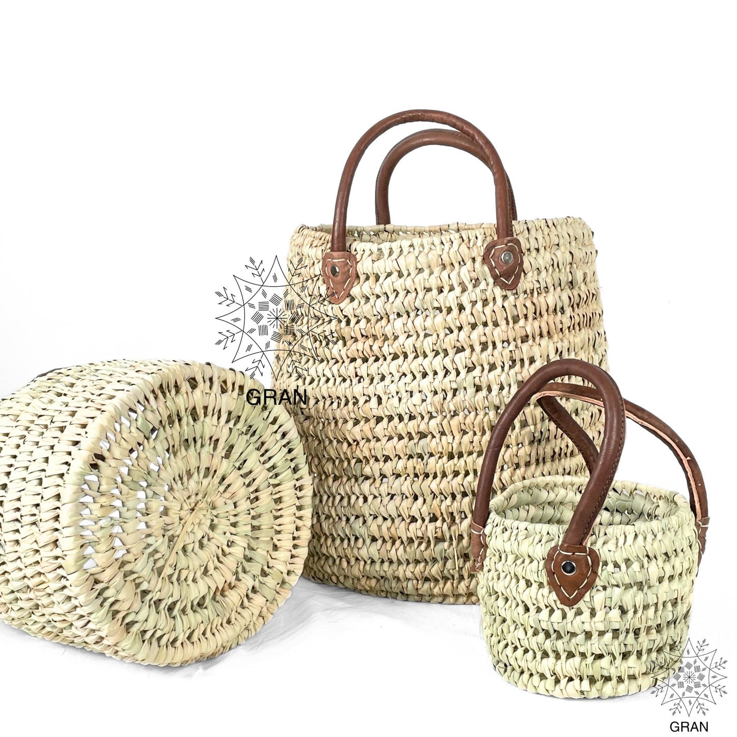 Round Wicker Basket with Leather Handles, Storage Basket